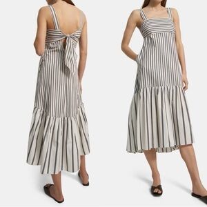 NWT THEORY Tie-Back Dress in Striped White Black Cotton Poplin Sz M